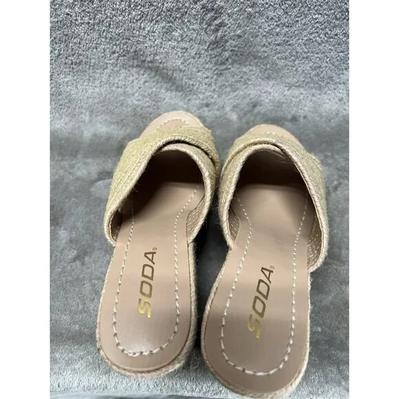 Vtg Soda 5.5 Natural Jute Raffia Open Toe Slide Sandal Platform Wedge Slip-On - Picture 5 of 7